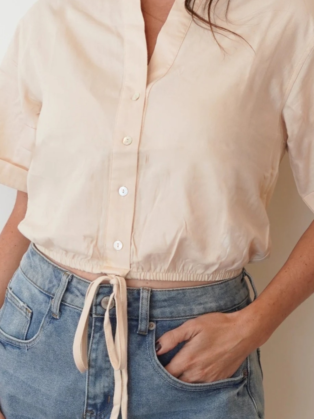 Women's Cream Tie-Hem Button Front Top Abibelle Xsmall Nwt